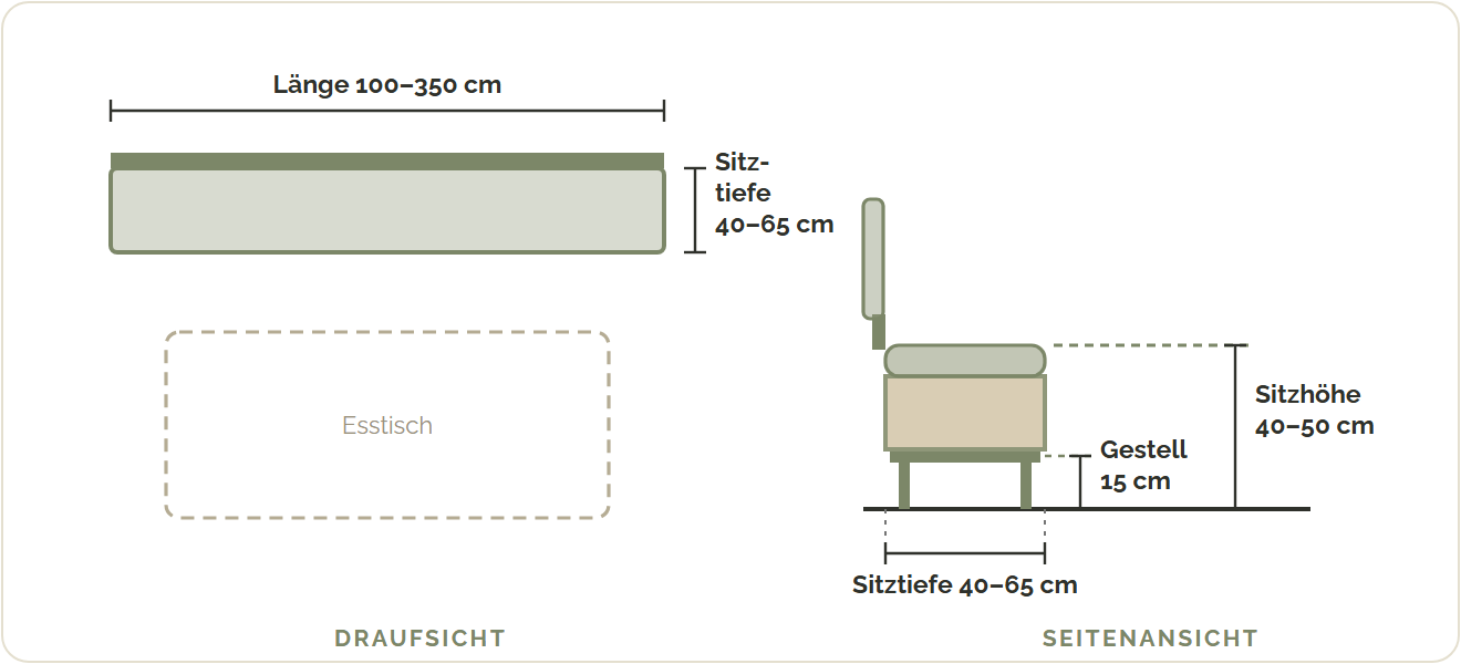 Maßskizze einer Sitzbank von oben und von der Seite: Länge 100 bis 350 cm, Sitztiefe 40 bis 65 cm, Sitzhöhe 40 bis 50 cm, Metallgestell 15 cm hoch