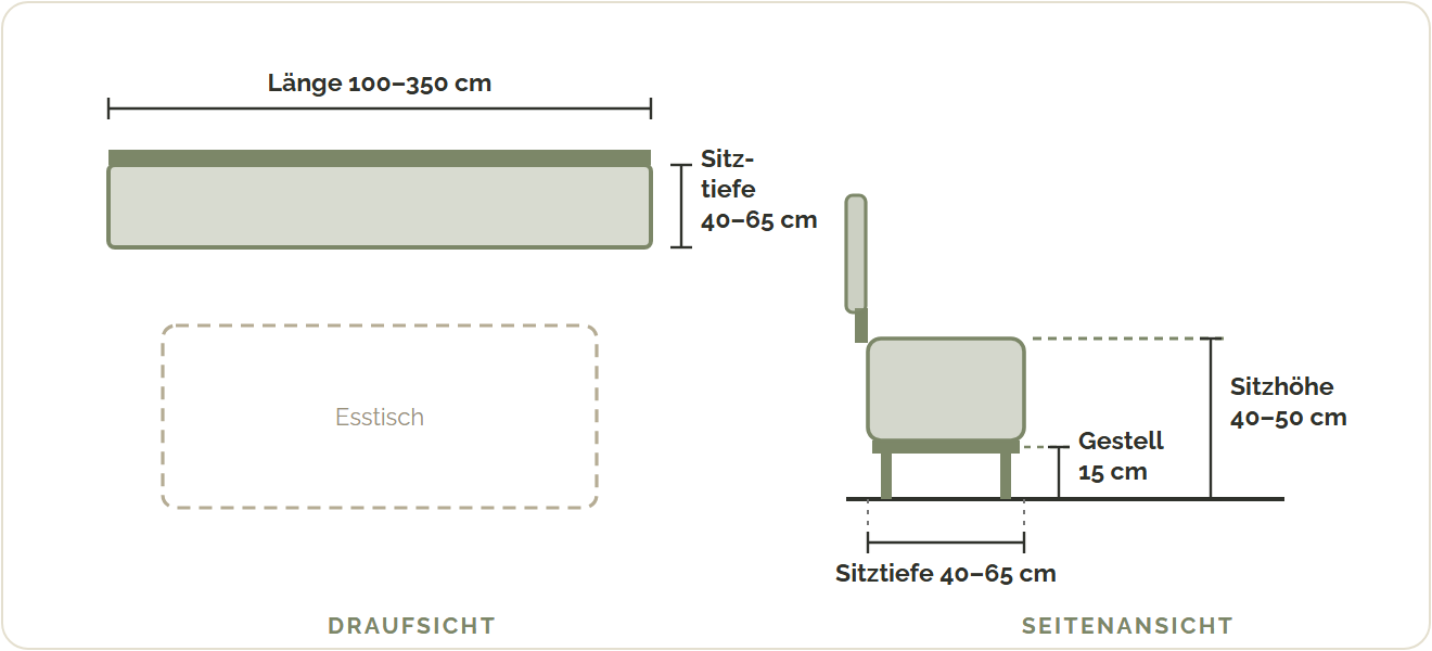 Maßskizze einer Sitzbank von oben und von der Seite: Länge 100 bis 350 cm, Sitztiefe 40 bis 65 cm, Sitzhöhe 40 bis 50 cm, Metallgestell 15 cm hoch