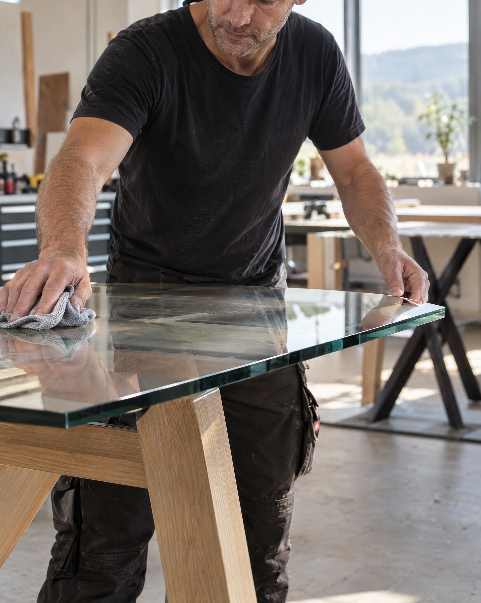 Handarbeit an einer Glasplatte bei wobiliar