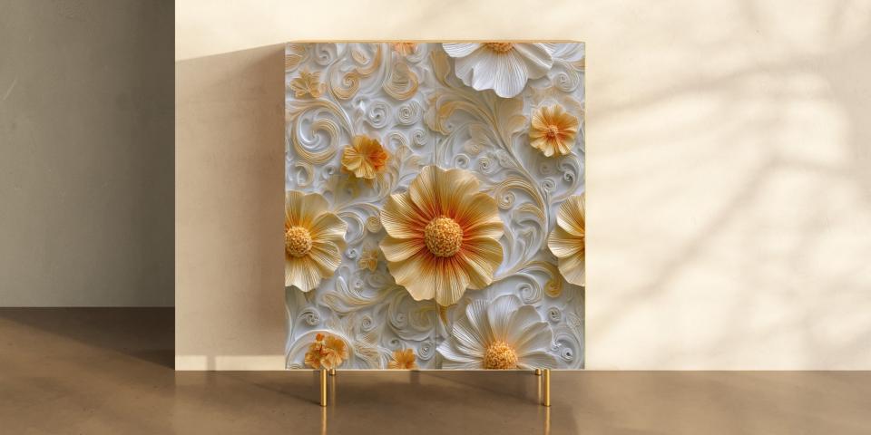 Sideboard Print „Blütenglanz“ – plastische Blüten in Gold-Creme S PRI 1048 