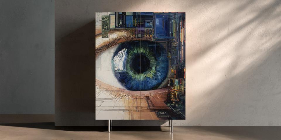 Printschrank „Urban Vision“ – futuristisches Auge mit digitalem City-Motiv S PRI 1116 