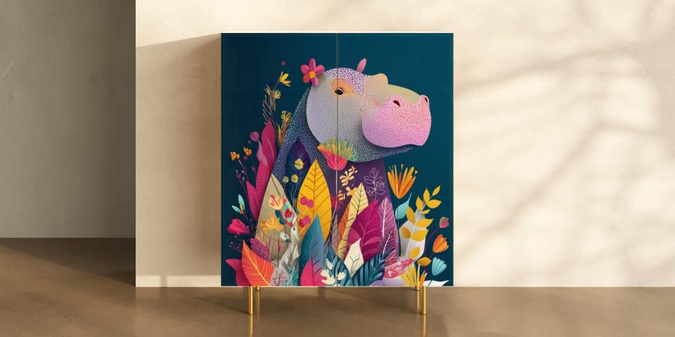 Motivschrank „Jungle Rhino“ – farbenfroher Printschrank fürs Kinderzimmer S PRI 1096 